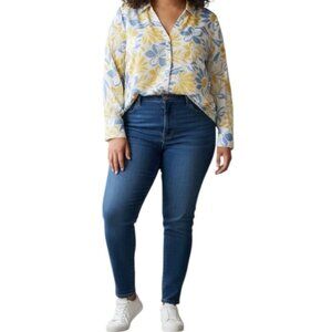 Liz Claiborne Blue & Yellow Floral Long Sleeved Spring Cottage Blouse Size Large